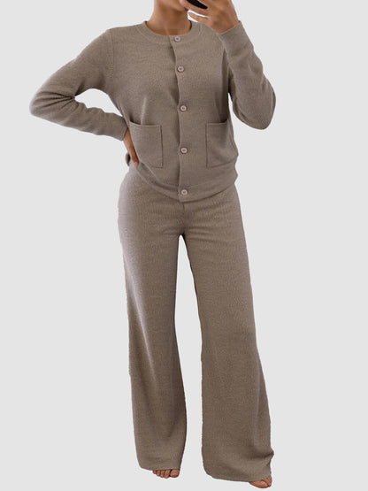 Women Button Top And High Waist Wide Leg Pants Set