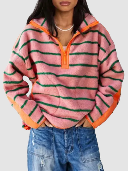 Women Streetwear Contrast Trim Half‑Zip Fleece Pullover Sweatshirt