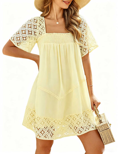 Women's Square Neck Lace Patch A-Line Mini Dress