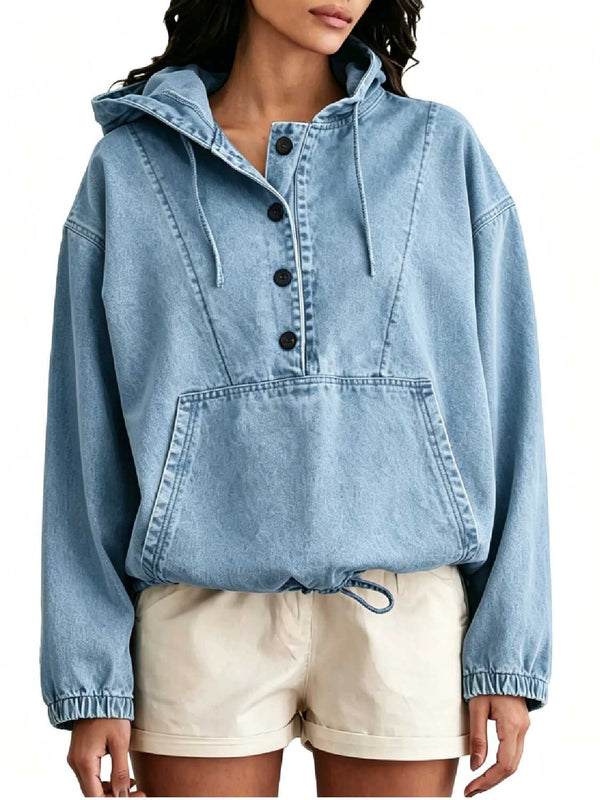 Stylish Drawstring Hooded Half-Button Denim Pullover