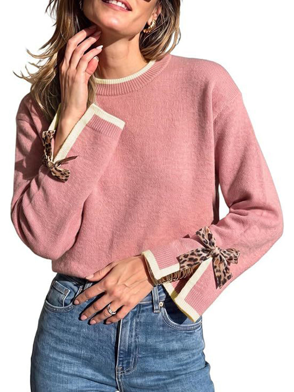 Women Crew Neck Contrast Trim Pullover Sweater With Leopard Print Bow Cuffs