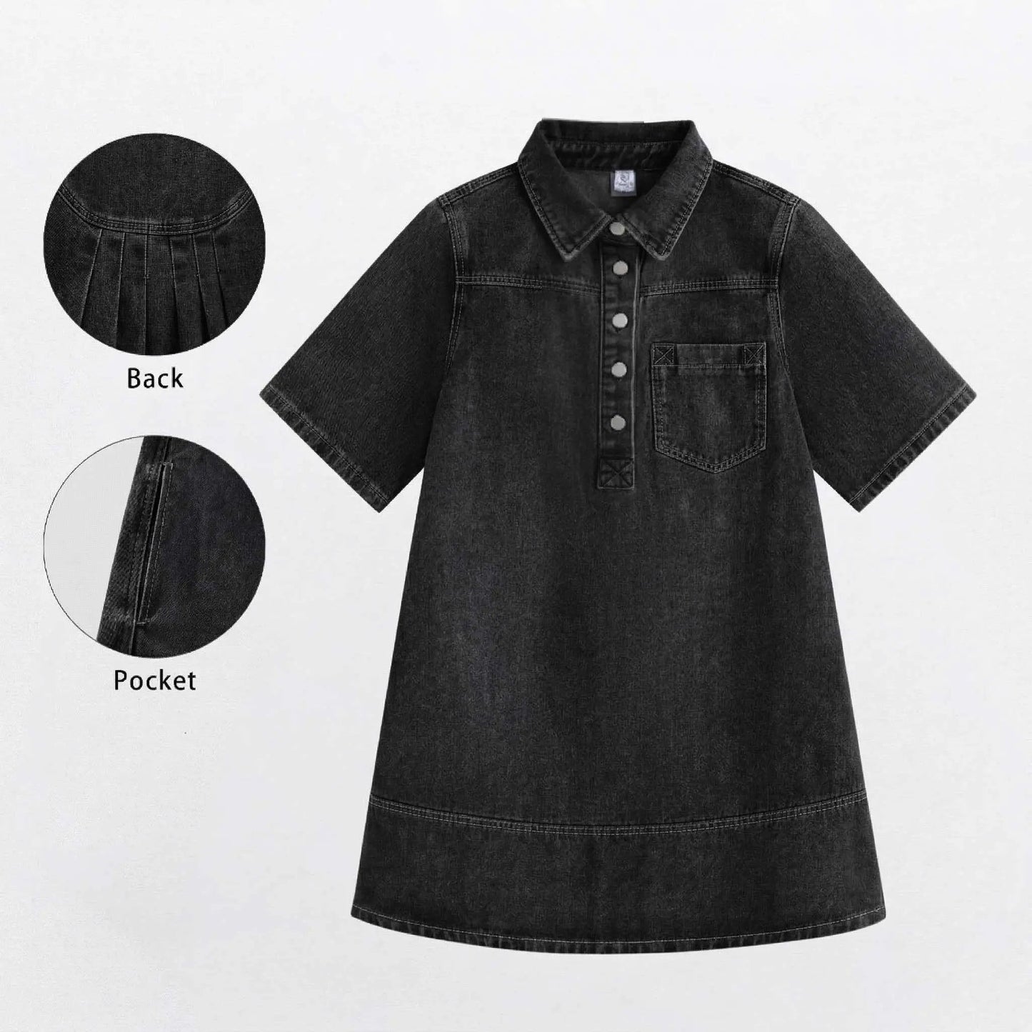 Women Collar Half Button  Loose Denim Shirt Dress With Pocket