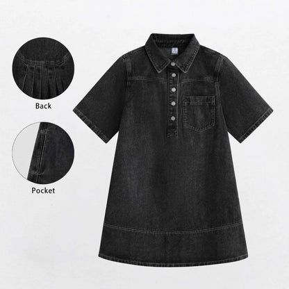 Women Collar Half Button  Loose Denim Shirt Dress With Pocket