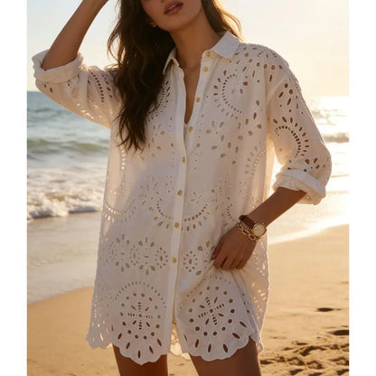 Oversized Eyelet Embroidered Long Sleeve Shirt Dress
