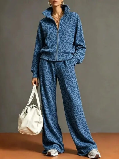 Women's Leopard Print Zip Up Tracksuit Set