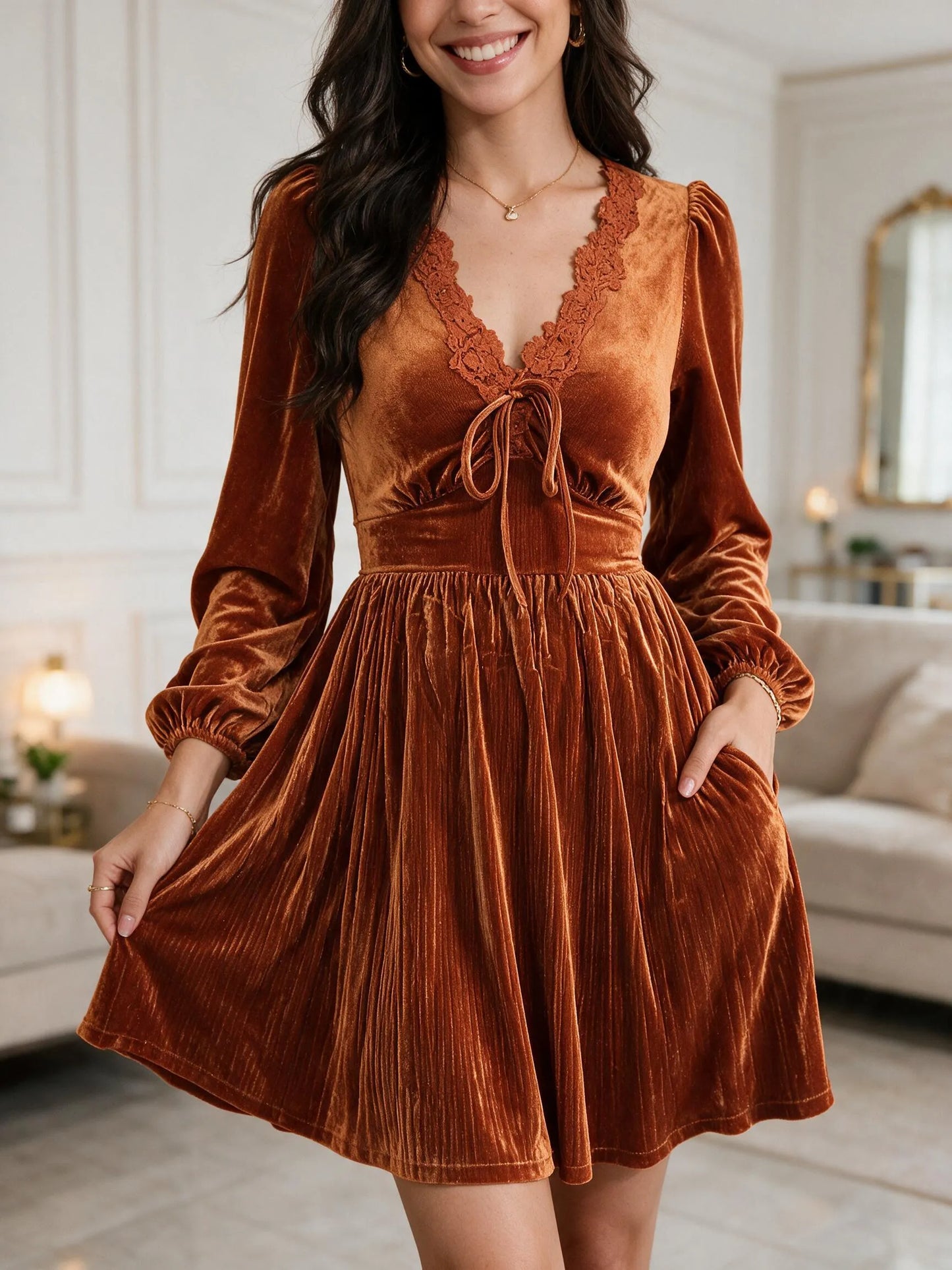 Women Boho Lace V‑Neck Tie Front Lantern Sleeve Mini Dress With Pockets