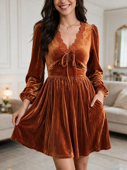 Women Boho Lace V‑Neck Tie Front Lantern Sleeve Mini Dress With Pockets