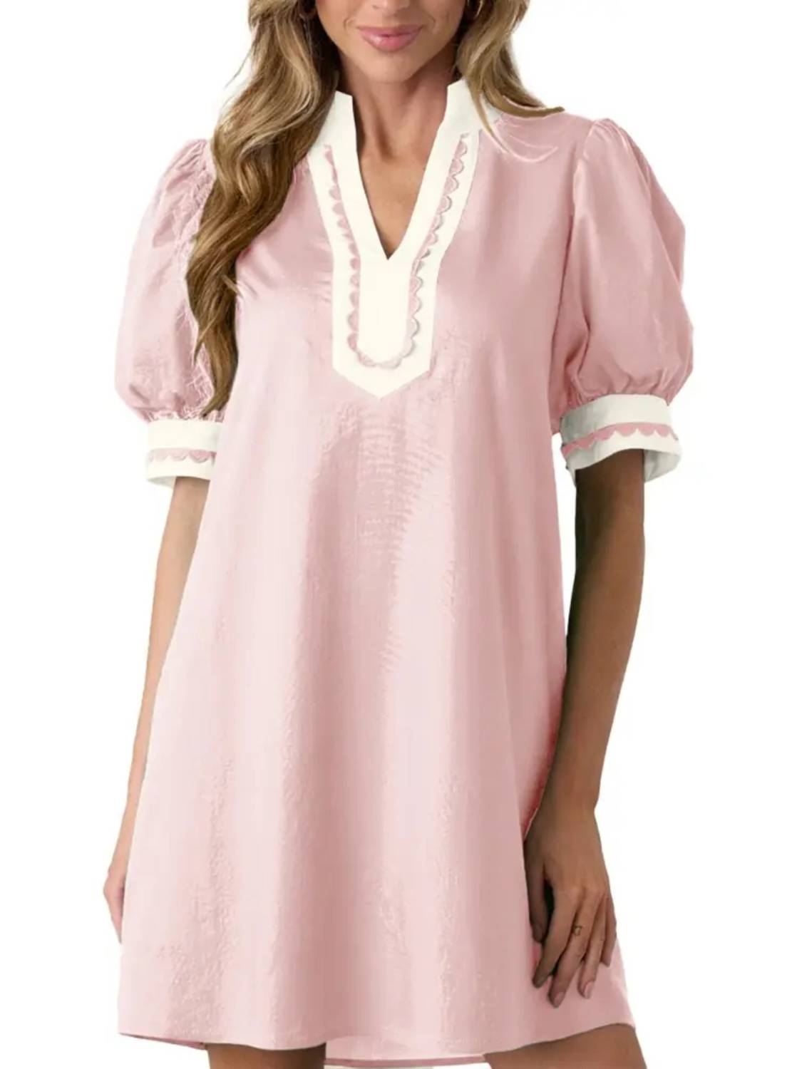 ⏰Hot Sale-Women's Floral Print V Neck Ricrac Trim Puff Sleeve Dress
