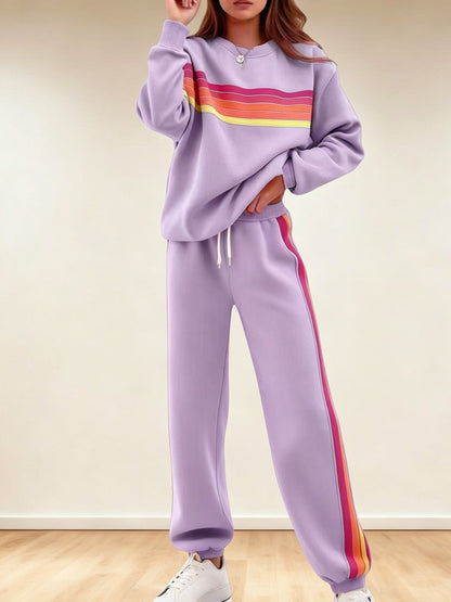 Women's Retro Striped Long Sleeve Sweat Top & Jogger Pants Two‑Piece Set