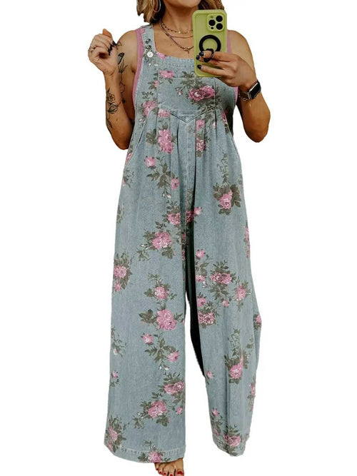 Women's Floral Print Trendy High Waist Wide Leg Denim Jumpsuit