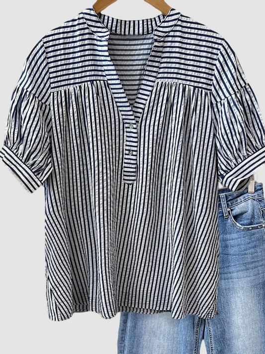Women's Striped Half Button Yoke Gathered Puff Short Sleeve Blouse