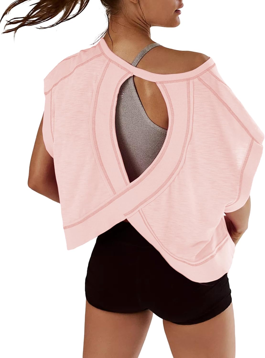 Crew Neck Open Cutout Back Oversized Workout Tee