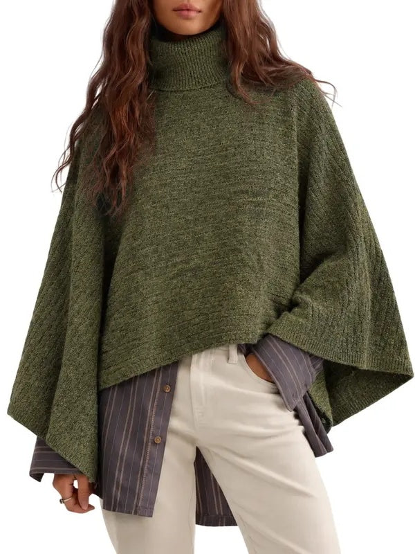 Women Funnel Neck Poncho Sweater