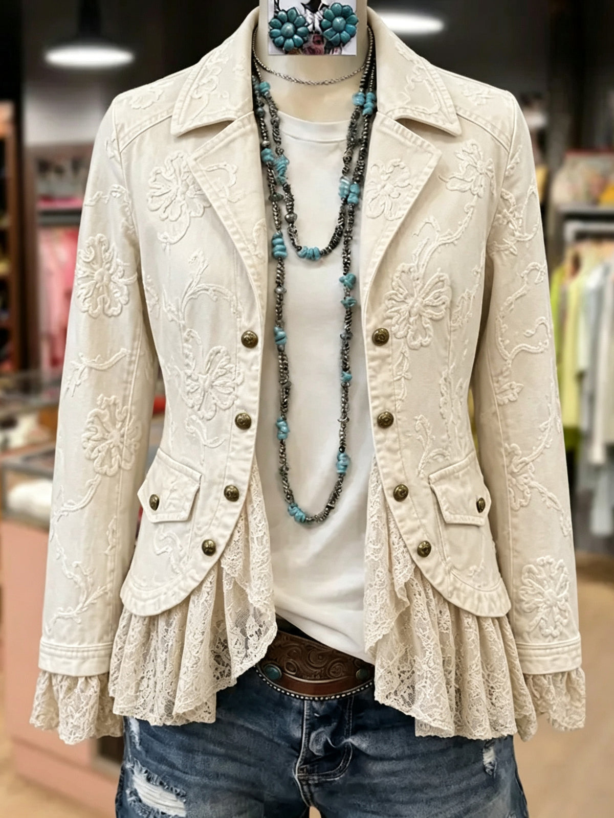 Women Floral Embroidery Lace Patch Long Sleeve Outer Jacket