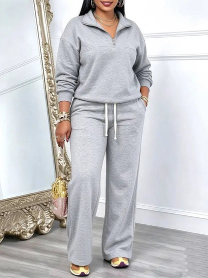 Women Half Zip Fleece Lined Sweatshirt & Wide Leg Sweatpants Set