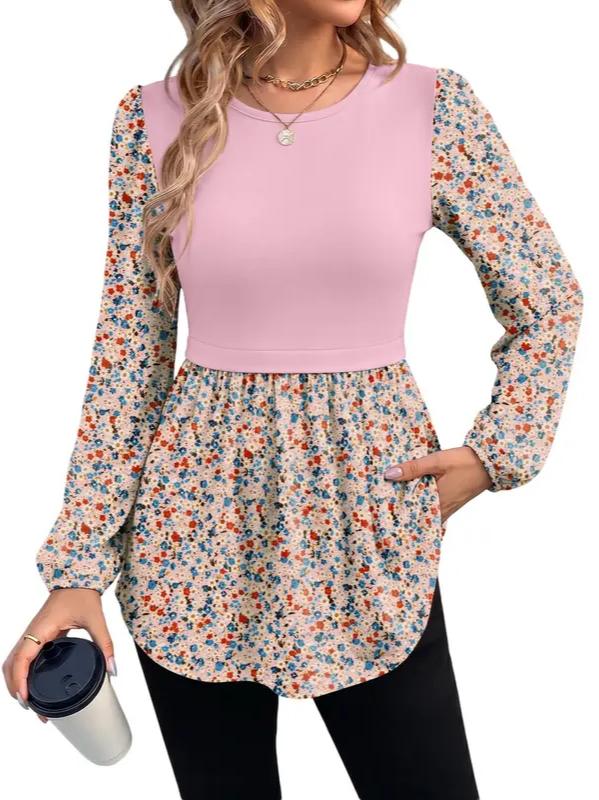 Women Crew Neck Babydoll Peplum Long Sleeve Tunic Blouse
