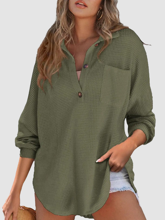 Autumn Women's Waffle Knit Henley V Neck Shirt Jacket