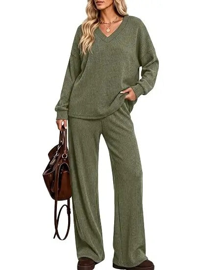 Leopard Trim / Solid Plain Coordinating Top & Pants Outfit