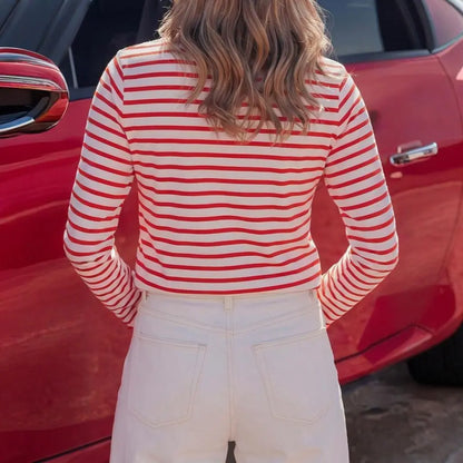 Scalloped Trim Crew Neck Striped Long Sleeve Top