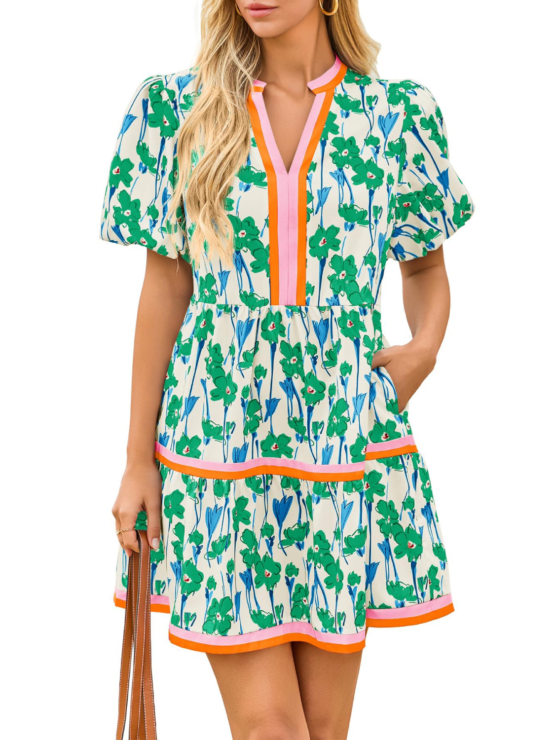 Womens V Neck Short Puff Sleeve Patchwork Floral Mini Dress