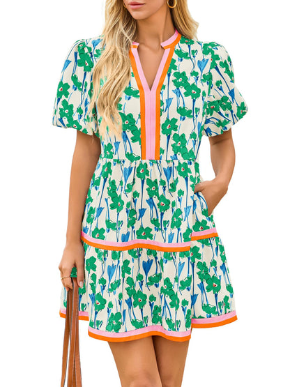 Womens V Neck Short Puff Sleeve Patchwork Floral Mini Dress