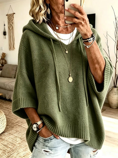Women New Loose Batwing Short‑Sleeve Hooded Drawstring Knit Sweater