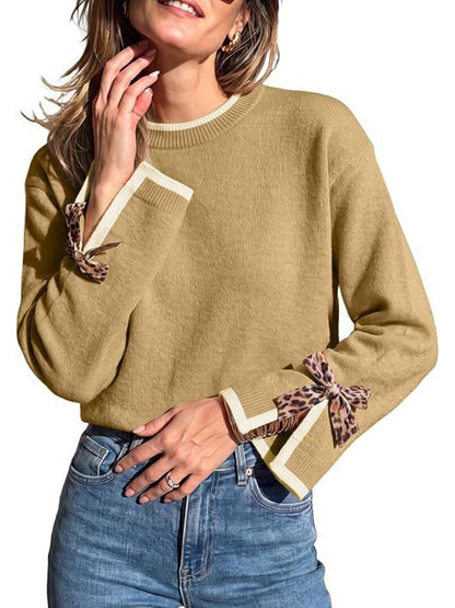 Women Crew Neck Contrast Trim Pullover Sweater With Leopard Print Bow Cuffs
