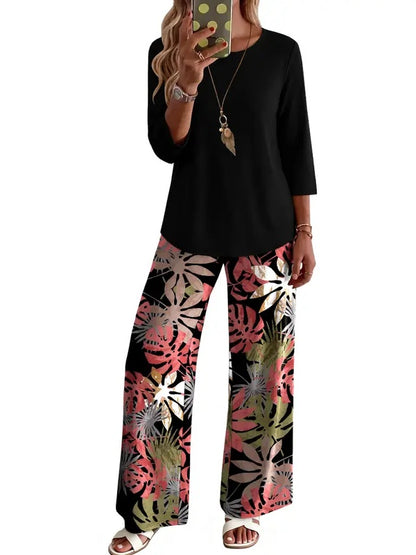 Women 3/4 Sleeve Solid Top & Graphic Print Wide Leg Pants