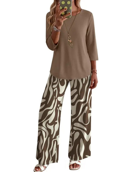 Women 3/4 Sleeve Solid Top & Graphic Print Wide Leg Pants