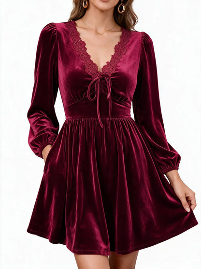 Women Boho Lace V‑Neck Tie Front Lantern Sleeve Mini Dress With Pockets