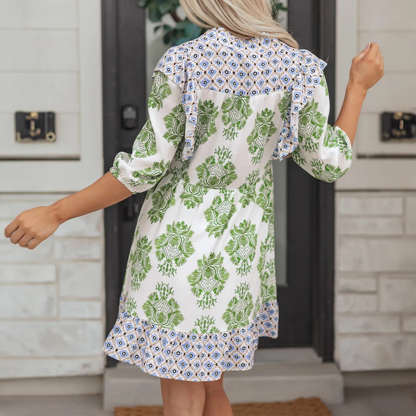 Women Puff Sleeve Ruffled Patchwork Printed V Neck Mini Dress with Pockets