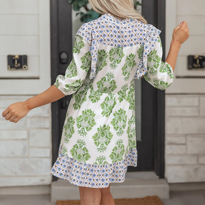 Women Puff Sleeve Ruffled Patchwork Printed V Neck Mini Dress with Pockets