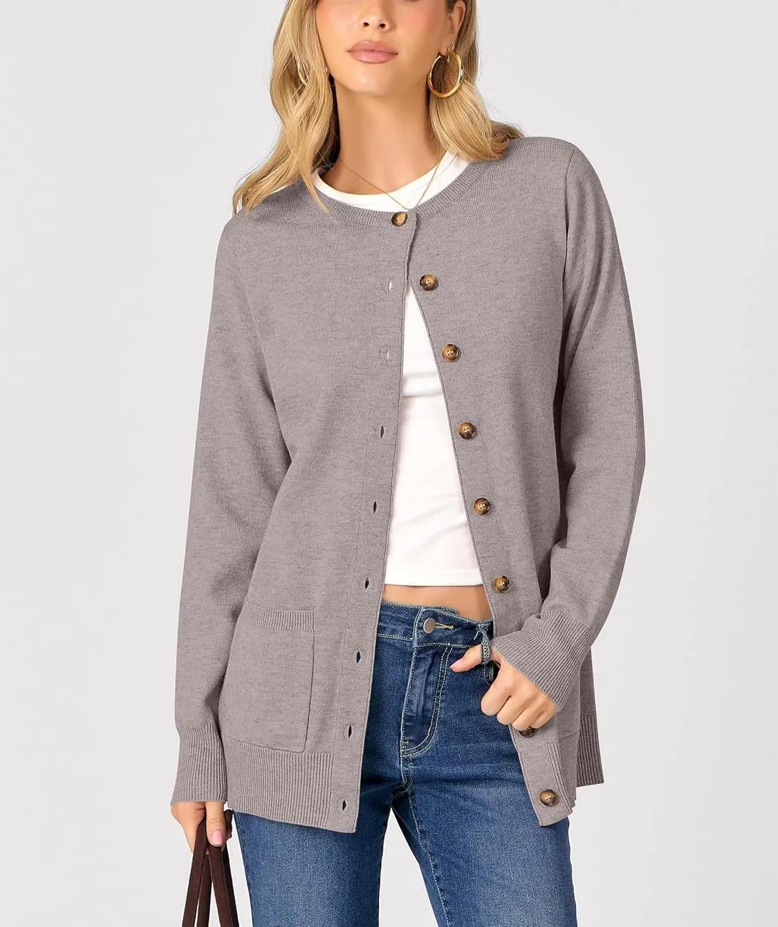 Women Round Neck Long Sleeve Button Front Knit Cardigan with Pockets