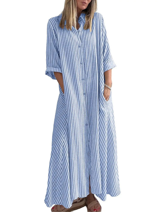 Women  Summer Boho Striped Maxi Shirt Dress 3/4 Sleeve Casual Button Down Long Dress