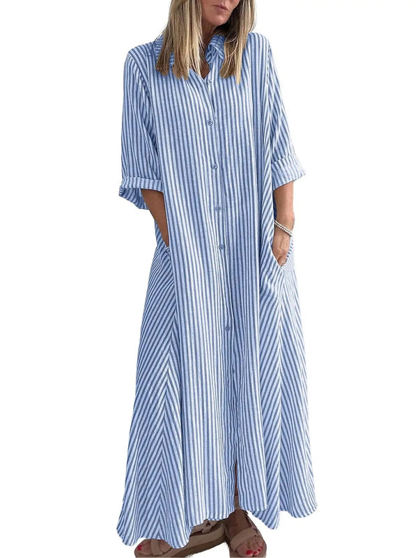 Women  Summer Boho Striped Maxi Shirt Dress 3/4 Sleeve Casual Button Down Long Dress