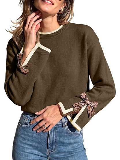 Women Crew Neck Contrast Trim Pullover Sweater With Leopard Print Bow Cuffs