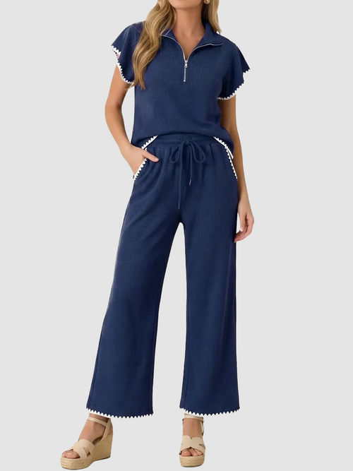 Women Short‑Sleeve Half‑Zip Knit Top With Pockets Scalloped Hem Wide Leg Pant Set