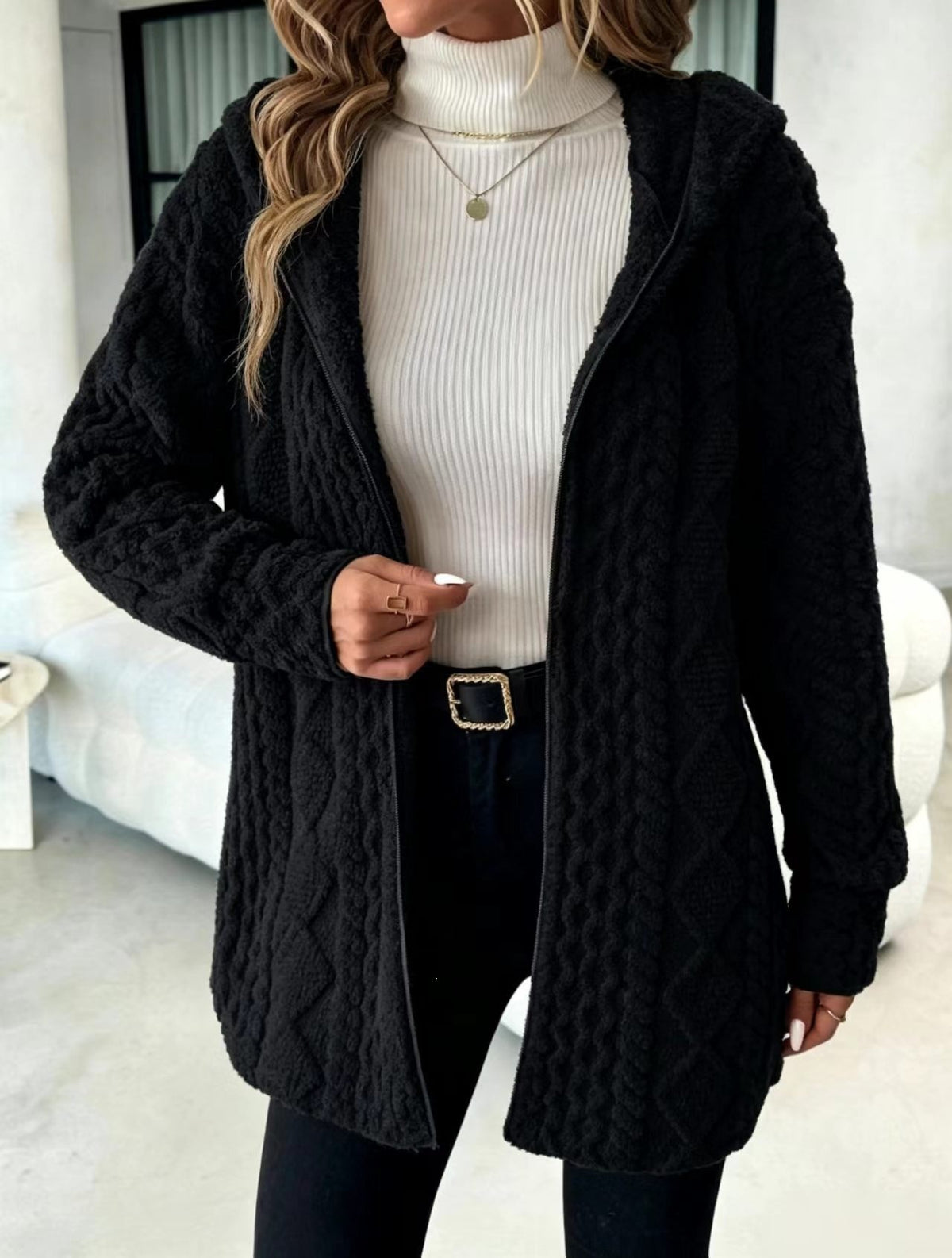 Women's Hooded Cable Texture Fleece Lined Cardigan
