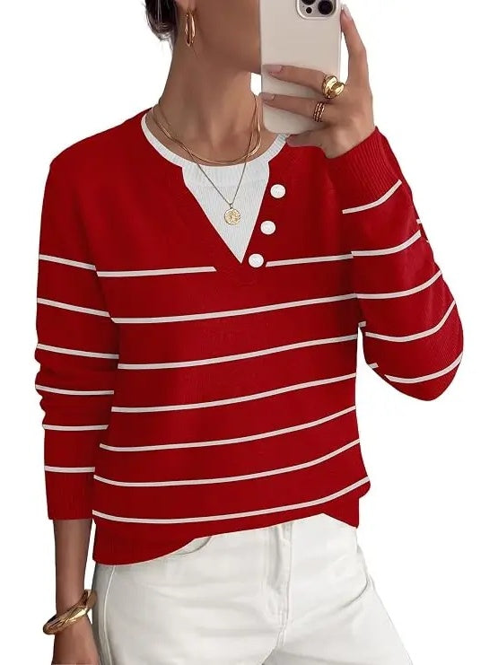 Women's Faux Layer V Neck Knit Sweater