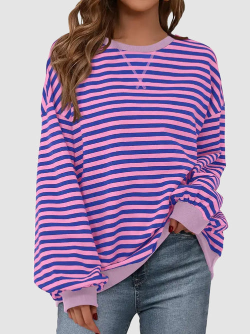Women Striped Crew Neck Lantern Long Sleeve Loose Sweatshirt Top