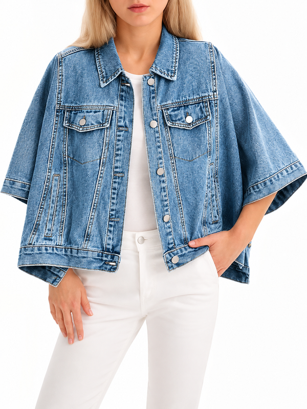 Women Trendy Cropped Cape‑Style Denim Shacket Half Sleeve Oversized Jean Jacket