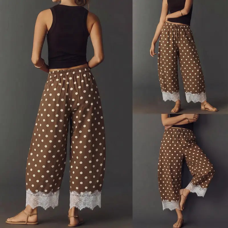 Polka Dot Lace Hem Elastic Waist Wide Leg Crop Pants