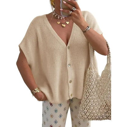 Women's Loose-fitting Knit Cardigan - Batwing Short Sleeves, Lightweight Button-down V-neck