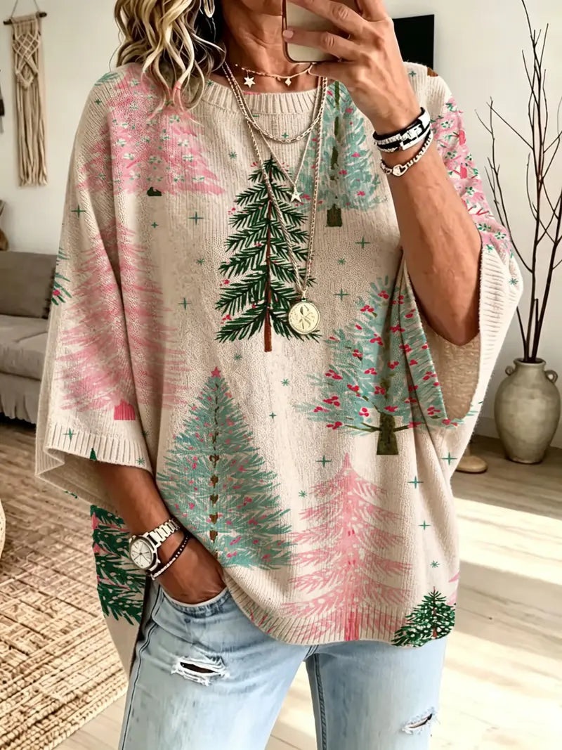 Christmas Loose Round Neck Bat Sleeve Knit Top for Women