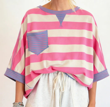 Women's T-shirts Striped Drop Shoulder Pocket T-shirt