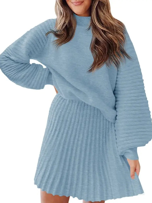 Women Mock Neck Ribbed Sweater & A-line Skirt 2 Piece Set