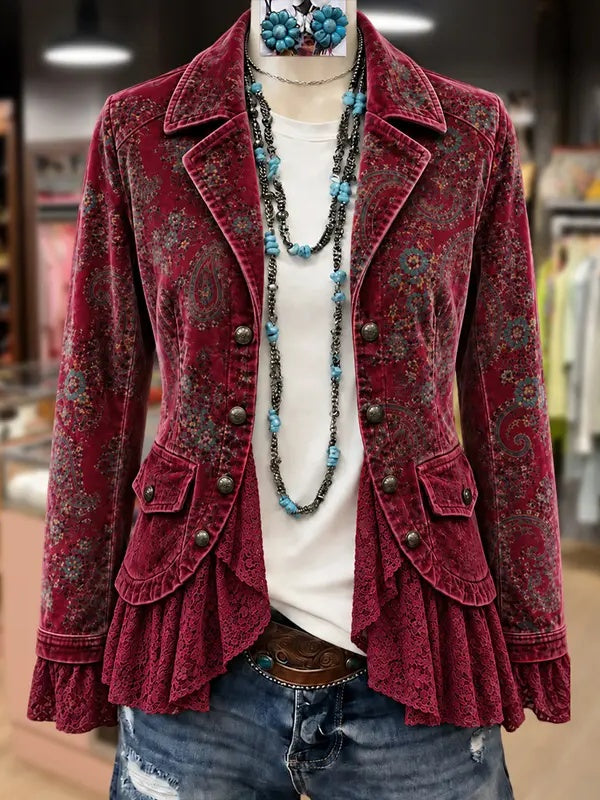 Women Retro Paisley Velvet Lace Patch Jacket