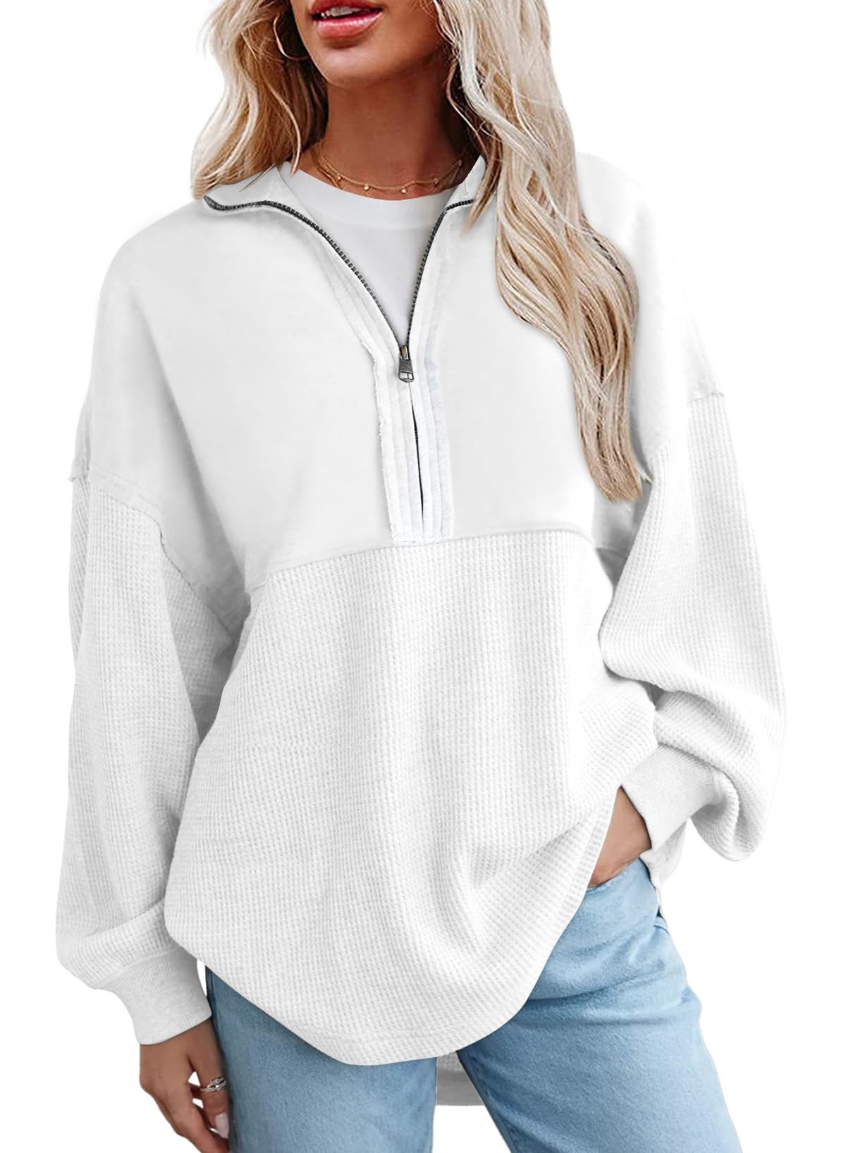 Women's  Waffle Knit Half Zip Pullover Casual Sweatshirt