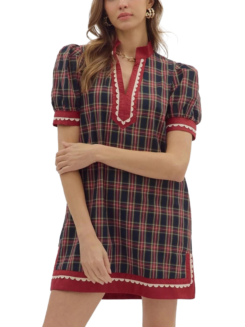 Women Classic Holiday Red Plaid Shift Dress