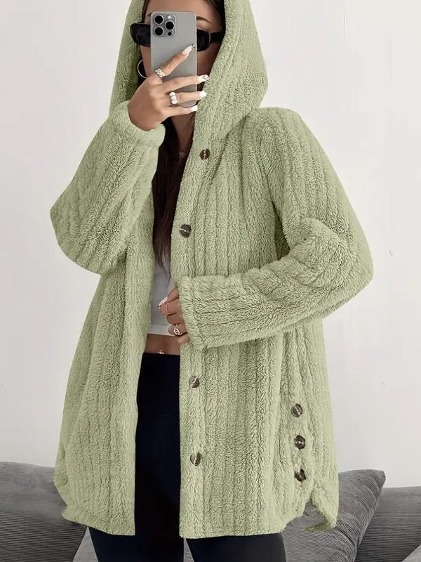 Side Slit Button Hooded Plush Outerwear